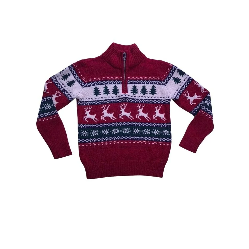 The Children's Place Quarter Zip Sweater Kid S 5/6 Red Fair Isle Holiday